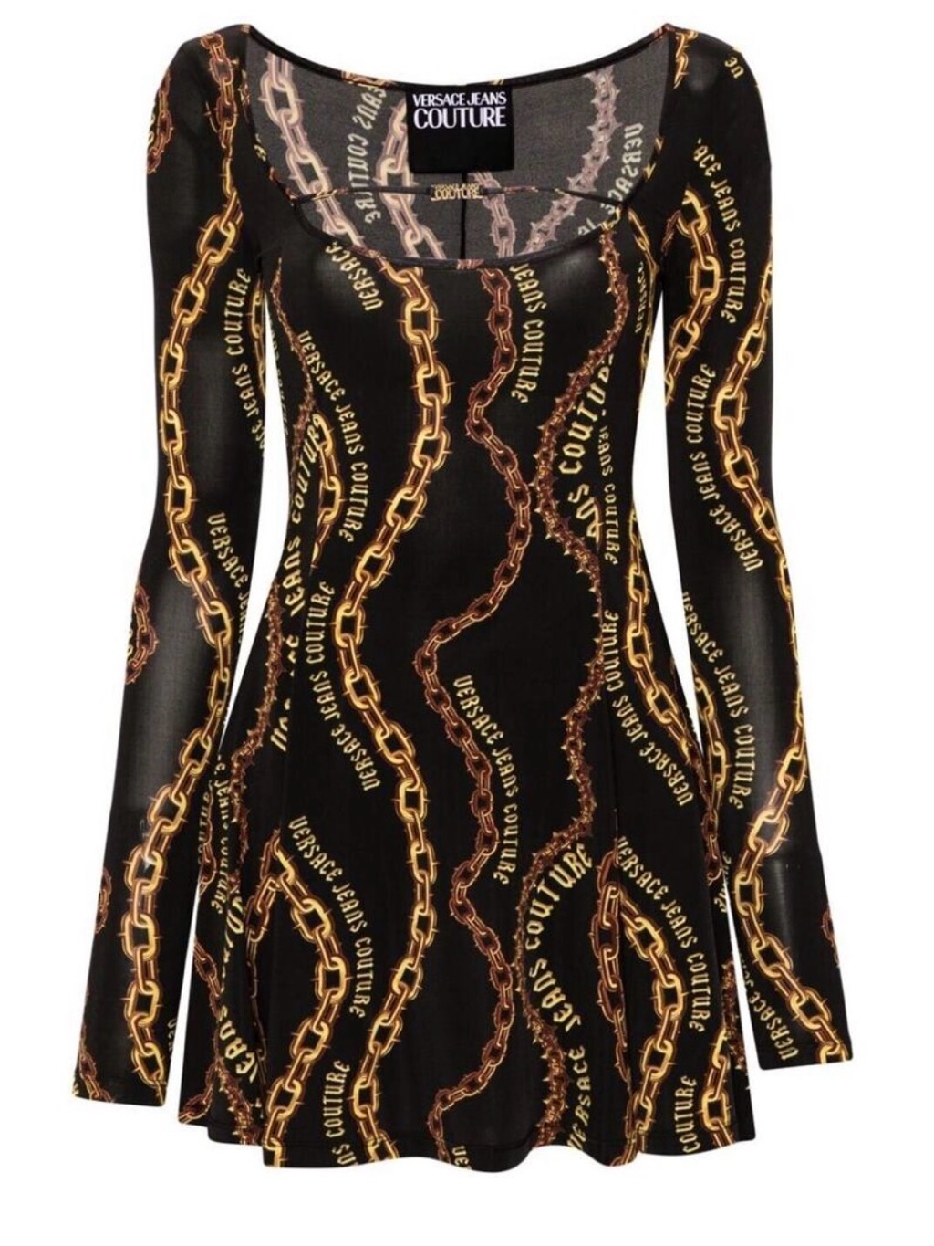 Versace Jeans Couture Black & Gold Chain-Print Long Sleeve Dress
